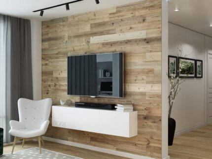 wood plank wall with tv