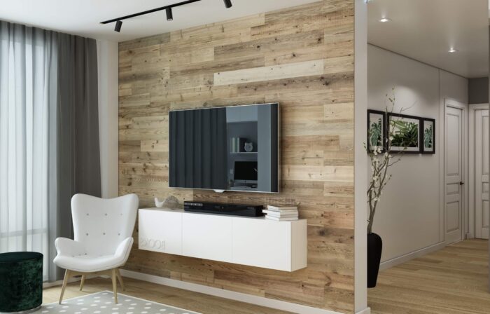 wood plank wall with tv