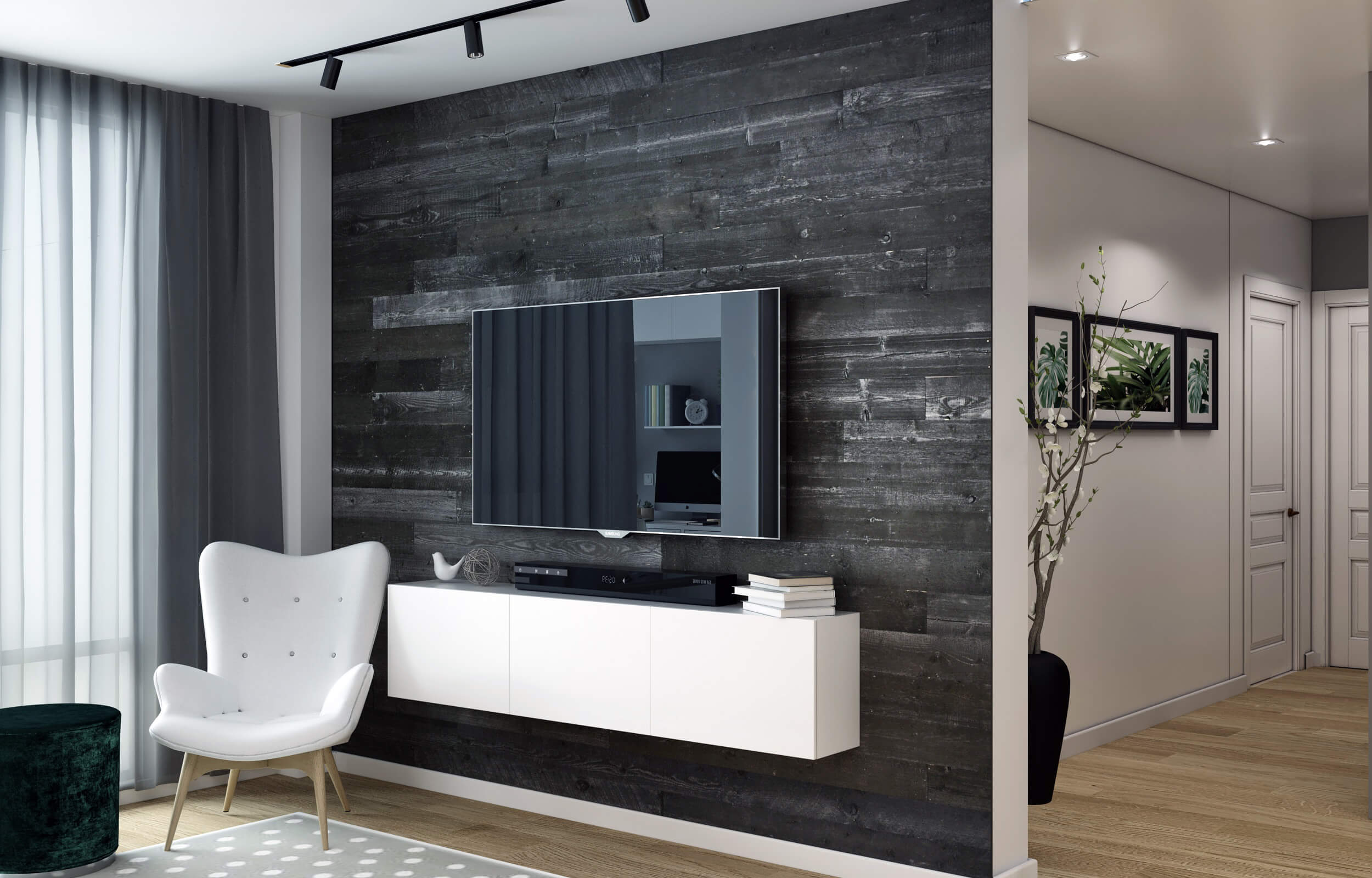 black wood accent wall living room