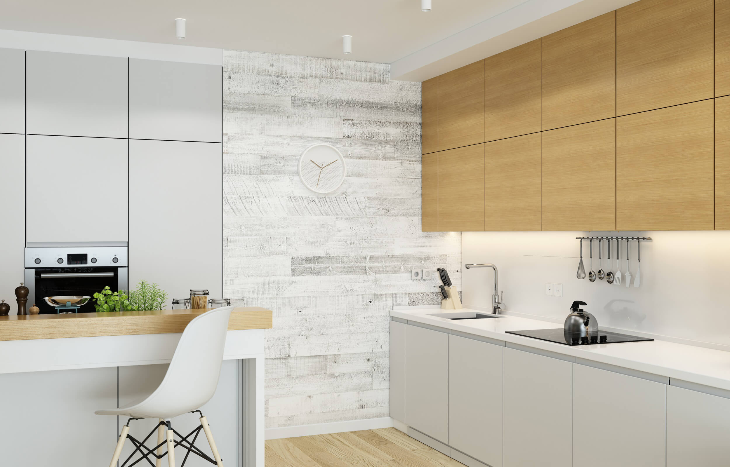 white accent wall in kitchen