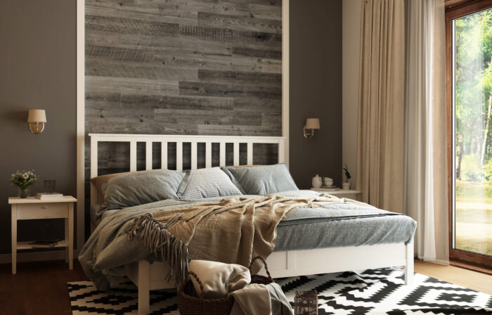 Grey wood boards in bedroom