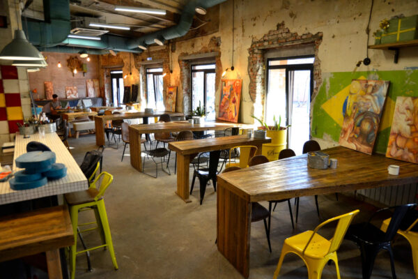 Reclaimed wood decor in Brasilian restaurant
