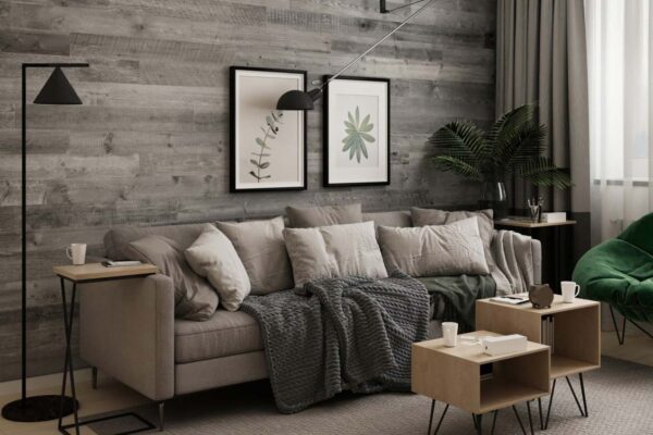 Gray wood planking in living room