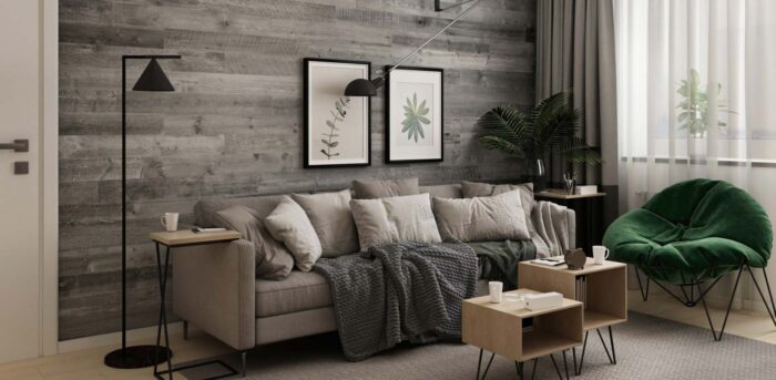 Gray wood planking in living room
