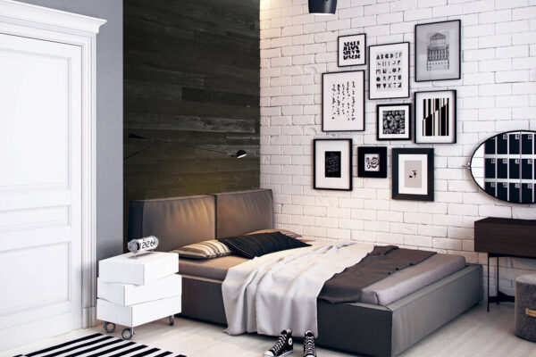 Black wood accent wall in bedroom