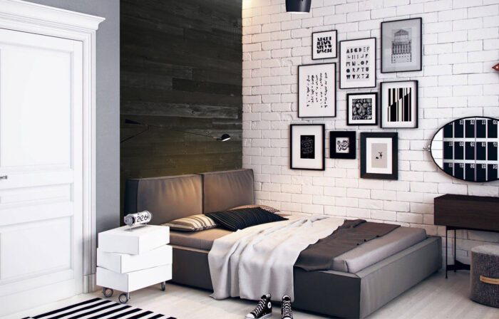 Black wood accent wall in bedroom