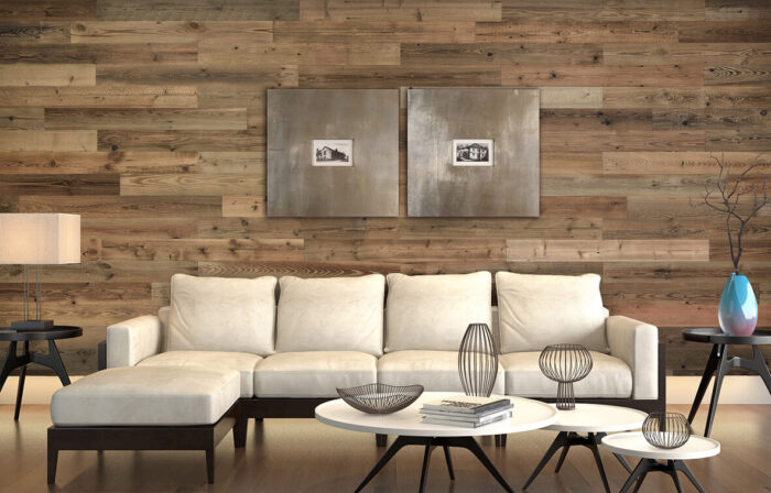 reclaimed wood paneling in living room